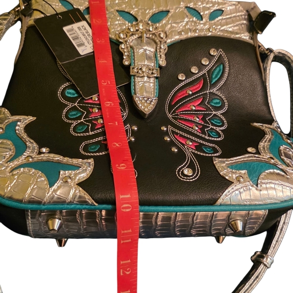 Cowgirl Trendy Cross Body Teal Hot Pink Silver Black Butterfly Embellished Bag - Picture 13 of 16